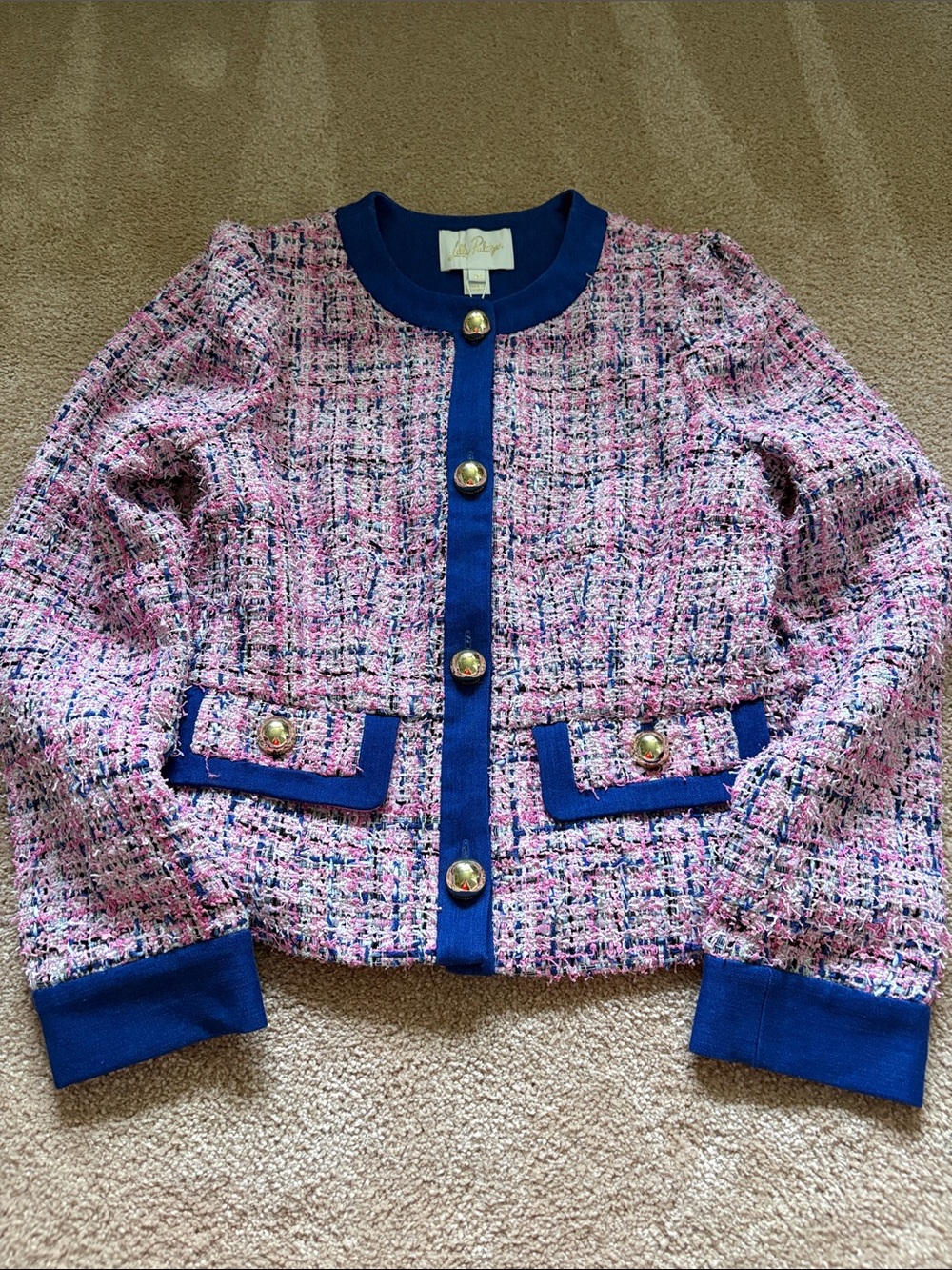 Lilly Pulitzer Greighlee Boucle Pink Tweed Jacket Navy Trim and Gold Buttons